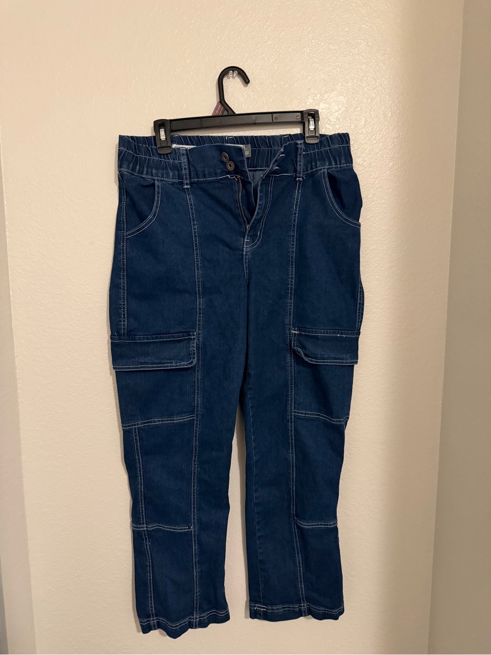 Dark Blue Women's Cargo Jeans - Elastic Waist